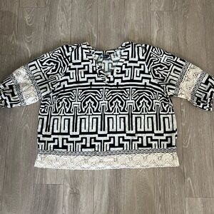 Cynthia Rowley Women 2X V Neck Lace Details Tunic Black White Geometric Pattern